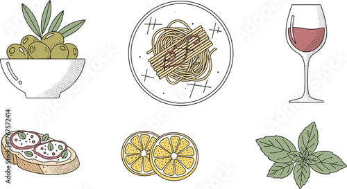 Minimal Elegant Mediterranean Food Icons – Premium Italian Cuisine Sketch Collection.
