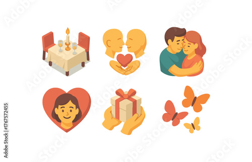 isometric icon items isolated on white background candlelit dinner soulmate bond passionate embrace heartwarming gift affectionate smile fluttering butterflies