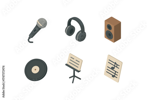 isometric icon items isolated on white background music (equipment): microphone headphones speaker vinyl record music stand sheet music