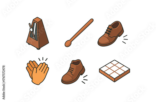 isometric icon items isolated on white background rhythm (beats): metronome drumstick clapping hands foot tap pulse wave beat grid