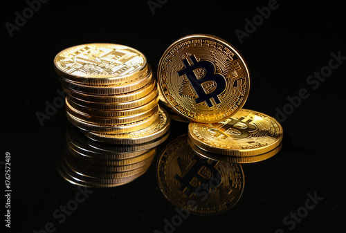 Photography Golden bitcoins on black background, closeup