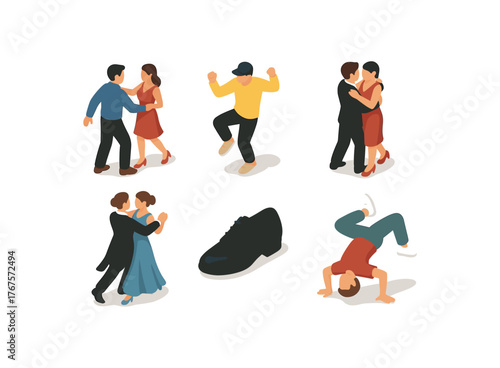 isometric icon items isolated on white background rhythm (dance moves): salsa step hip hop move tango embrace waltz spin tap shoe breakdance freeze