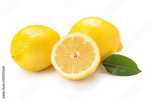 Fresh ripe lemons and leaf on white background