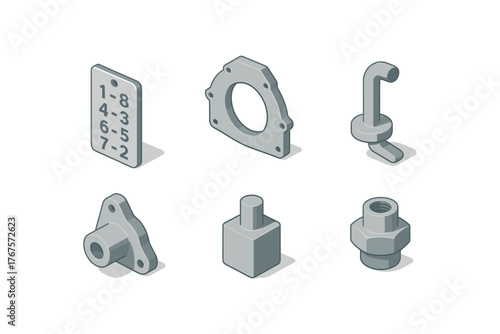 isometric icon items isolated on white background V8 crate firing order tag V8 crate bellhousing flange V8 crate sump pickup V8 crate starter mount V8 crate ignition boss V8 crate knock