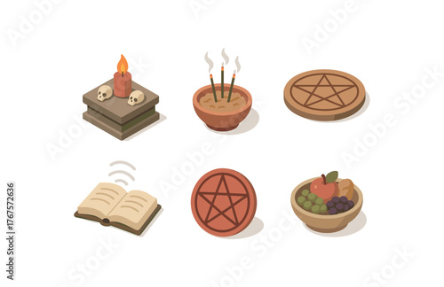 isometric icon items isolated on white background ritual altar ritual incense ritual circle ritual chant ritual symbol ritual offering