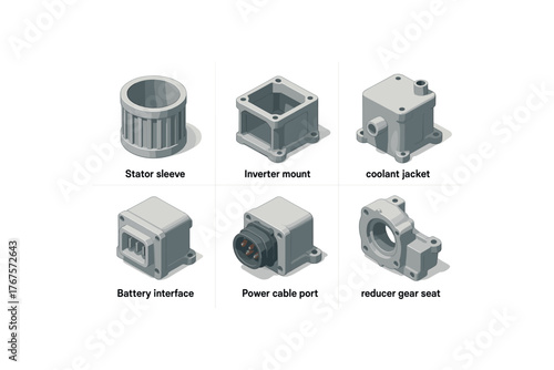 isometric icon items isolated on white background hybrid motor housing stator sleeve hybrid motor housing inverter mount hybrid motor housing coolant jacket hybrid motor housing battery