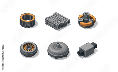 isometric icon items isolated on white background 8 speed automatic clutch pack 8 speed automatic valve body 8 speed automatic planetary gear set 8 speed automatic stator 8 speed automatic