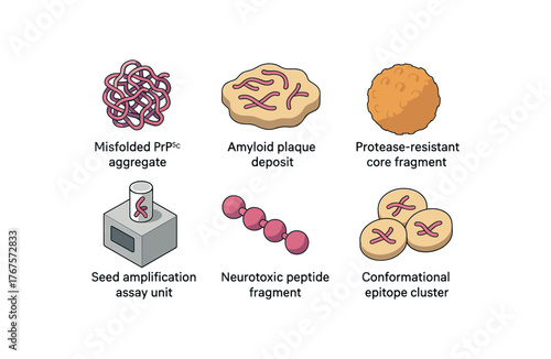 isometric icon items isolated on white background prion infection misfolded PrP Sc aggregate prion infection amyloid plaque deposit prion infection protease resistant core fragment prion