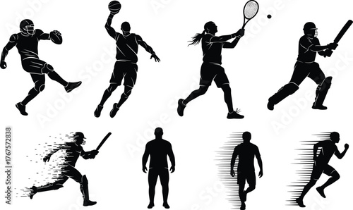Silhouette vector illustration of athletes playing various sports including cricket, tennis, basketball, football, and running in dynamic motion poses.