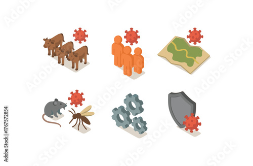 isometric icon items isolated on white background zoonotic infection reservoir host population zoonotic infection spillover event cluster zoonotic infection transmission corridor map
