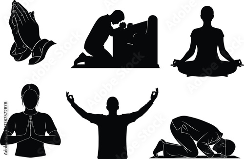Silhouette vector illustration of people praying, meditating, and worshipping in different spiritual and religious poses showing peace and mindfulness.