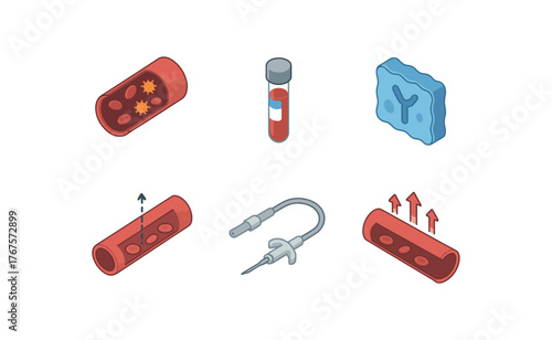 isometric icon items isolated on white background bloodstream infection septicemia cytokine zone bloodstream infection blood culture vial medium bloodstream infection endothelial adhesion