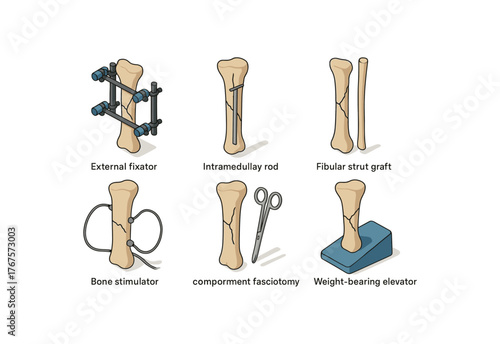 isometric icon items isolated on white background tibial fracture external fixator frame tibial fracture intramedullary tibial fracture fibular strut graft tibial fracture bone stimulator