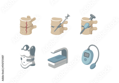 isometric icon items isolated on white background vertebral fracture vertebroplasty cement vertebral fracture balloon tamp vertebral fracture pedicle screw vertebral fracture spinal