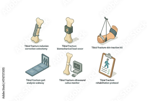 isometric icon items isolated on white background tibial fracture malunion correction osteotomy tibial fracture biomechanical load sensor tibial fracture skin traction kit tibial fracture