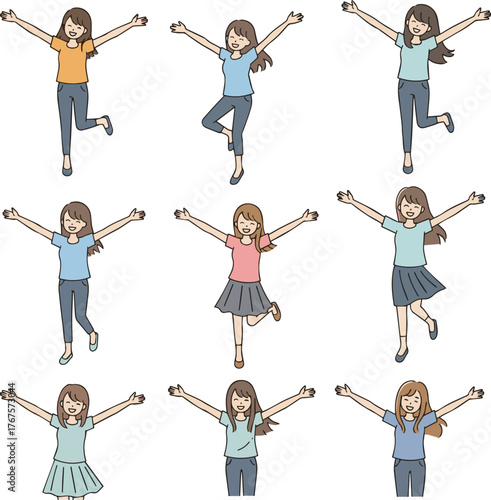Create a kinds of deferent Simple vector illustration of a young woman rejoicing with her arms outstretched vector art with white background..