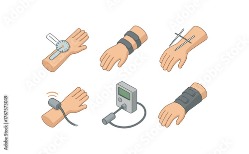 isometric icon items isolated on white background wrist fracture range of motion goniometer wrist fracture rehabilitation splint wrist fracture K wire guide wrist fracture ultrasound callus