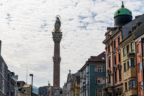 Innsbruck Austria Saint Anne’s Column with Historic Baroque Buildings and Cloudy Sky Cityscape