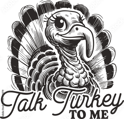 Funny Thanksgiving illustration of flirty cartoon turkey with the phrase “Talk Turkey to Me,” playful holiday pun design in hand-drawn vintage style