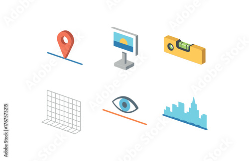 isometric icon items isolated on white background Horizon line marker Horizon panoramic viewpoint Horizon level tool Horizon perspective grid Horizon eye level marker Horizon skyline contour