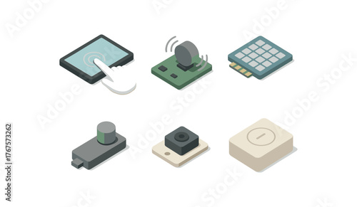 isometric icon items isolated on white background touch screen interface touch vibration module touch capacitance array touch feedback engine touch proximity sensor touch activation switch