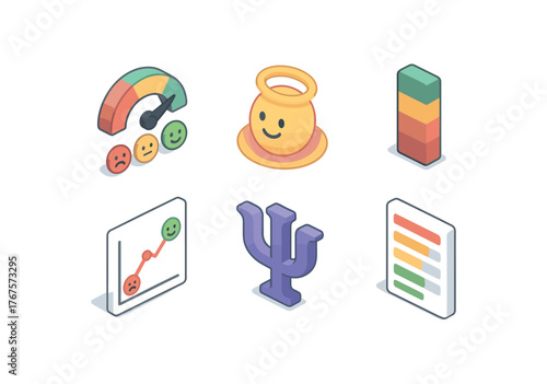 isometric icon items isolated on white background Mood temperament meter Mood aura filter Mood energy bar Mood sentiment graph Mood psych chart Mood feeling index