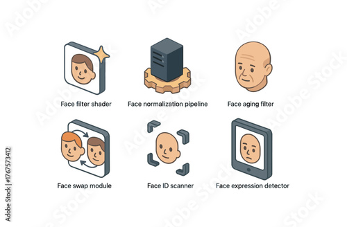 isometric icon items isolated on white background face filter shader face normalization pipeline face swap module face aging filter face id scanner face expression detector
