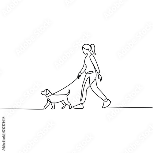 Single line drawing of a girl walking her dog on a leash