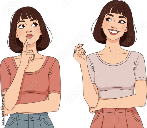 Create a kinds of deferent simple vector illustration set of a stylish young woman with a thinking expression and a smiling expression vector art with white background..