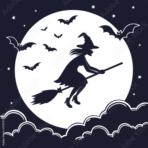 A silhouette of a witch flying on a broomstick under a full moon