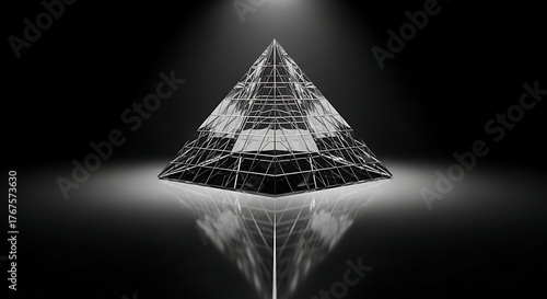 Captivating glass pyramid structure illuminated dramatically with sharp reflections on a dark, sleek surface, symbolizing innovation, stability, and modern design.