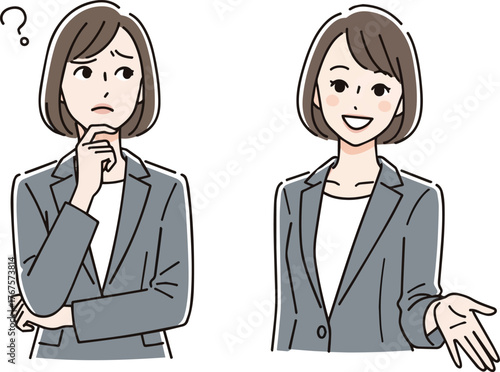 Create a kinds of deferent simple vector illustration set of a young business woman with a thinking expression and a smiling expression vector art with white background..