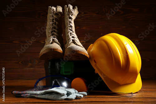 Hardhat, boots, gloves and ...