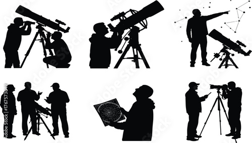 Silhouette vector of people using telescopes, discussing constellations, reading star charts, and exploring astronomy in educational night sky scenes