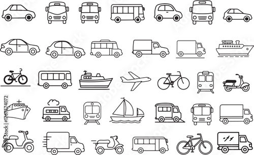 Transportation Vehicle Icon Set Line Art Collection with Cars Buses Bikes and Boats