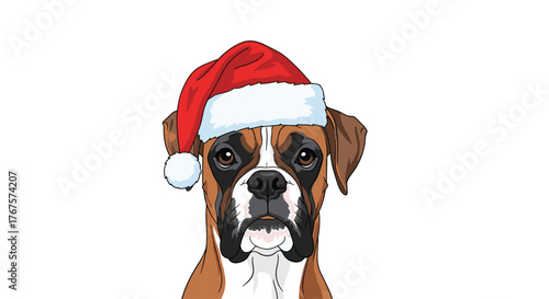 A cute boxer dog wearing a Santa hat looks directly at the camera with a festive Christmas theme.