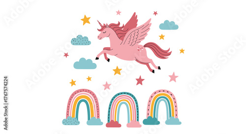 Cute pink unicorn flying with wings among clouds and stars with rainbows below.