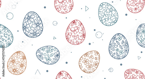 A seamless pattern of hand-drawn Easter eggs adorned with floral and berry designs in various colors.