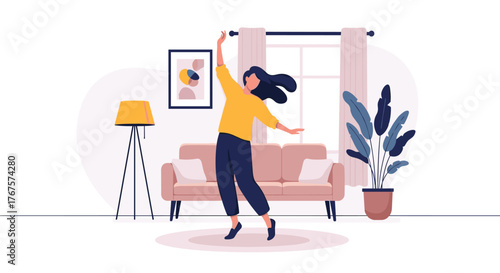 A person joyfully dancing in their living room, surrounded by furniture and plants.