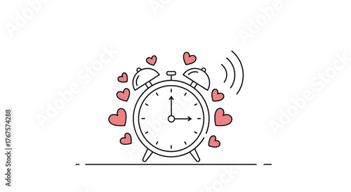 A charming alarm clock rings with hearts surrounding it, suggesting love or excitement.