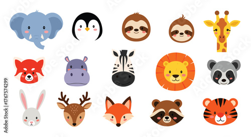 Collection of diverse cartoon animal faces, including elephants, penguins, sloths, giraffes, pandas, hippos, zebras, lions, raccoons, rabbits, deer, foxes, and tigers.