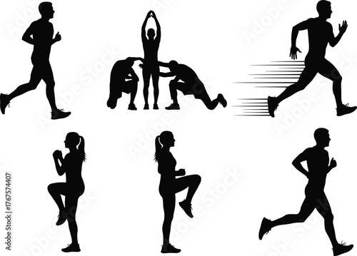 Silhouette vector set of people doing cardio, running, sprinting, high knees, group workout, fitness training, exercise movement poses.Si