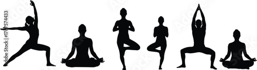 Silhouette yoga poses collection featuring Warrior, Tree, Lotus, and Goddess postures for wellness, meditation, balance, fitness, and mindfulness.