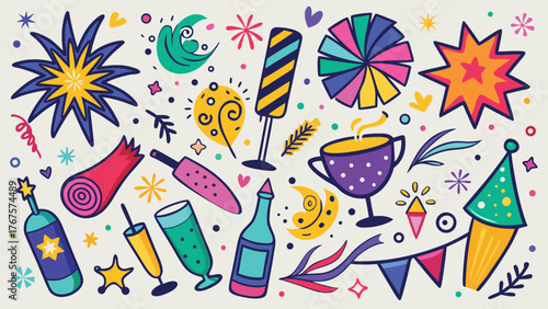 colorful clipart set of various fireworks in different shapes and sizes, ideal for festive designs and celebrations..eps