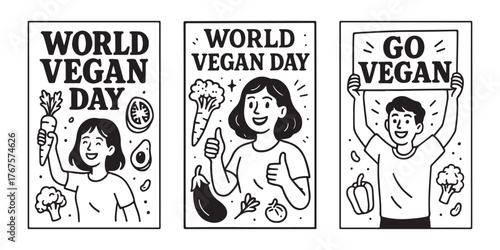 Celebrate World Vegan Day with vibrant illustrations of happy people and fresh produce, promoting a healthy lifestyle choice for everyone.