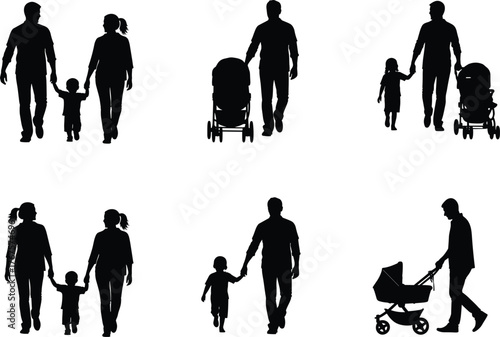 Silhouettes of Adults and Children Walking with Strollers – Parenting, Caregiving, Family Bonding, Outdoor Lifestyle, Love and Togetherness Concept