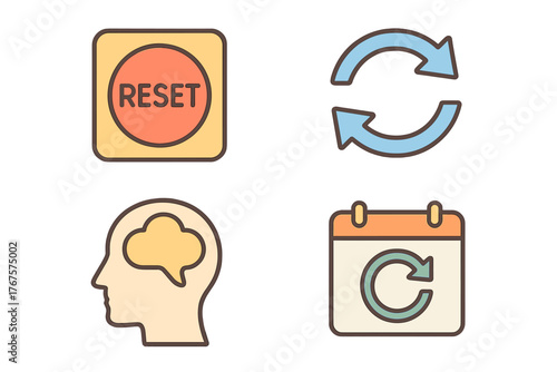 outline colorful icon 4 isolated on transparent background flat vector illustration style mental reset theme including reset button refresh arrows clear mind symbol and daily restart icon