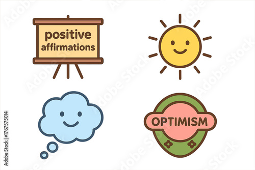 outline colorful icon 4 isolated on transparent background flat vector illustration style positive thinking theme including positive affirmations board happy sun smiling thought bubble and