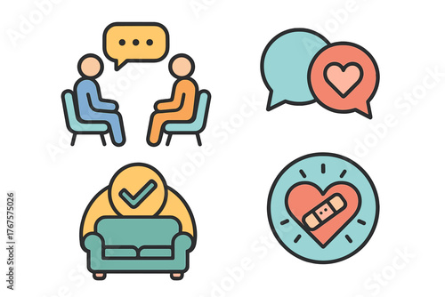 outline colorful icon 4 isolated on transparent background flat vector illustration style therapy support theme including talking session icon open heart conversation safe space sofa and