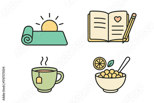 outline colorful icon 4 isolated on transparent background flat vector illustration style calm morning routine theme including sunrise yoga mat morning journal cup of tea and slow breakfast